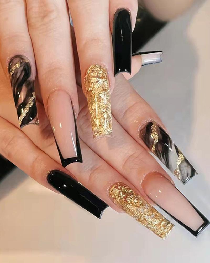 

24pcs Glossy Colorblock Press On Fake Coffin Nails Set, Black