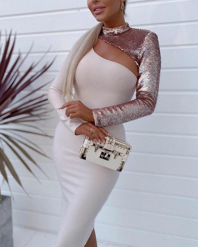 

Contrast Sequin Cutout Long Sleeve Skinny Dress, Apricot