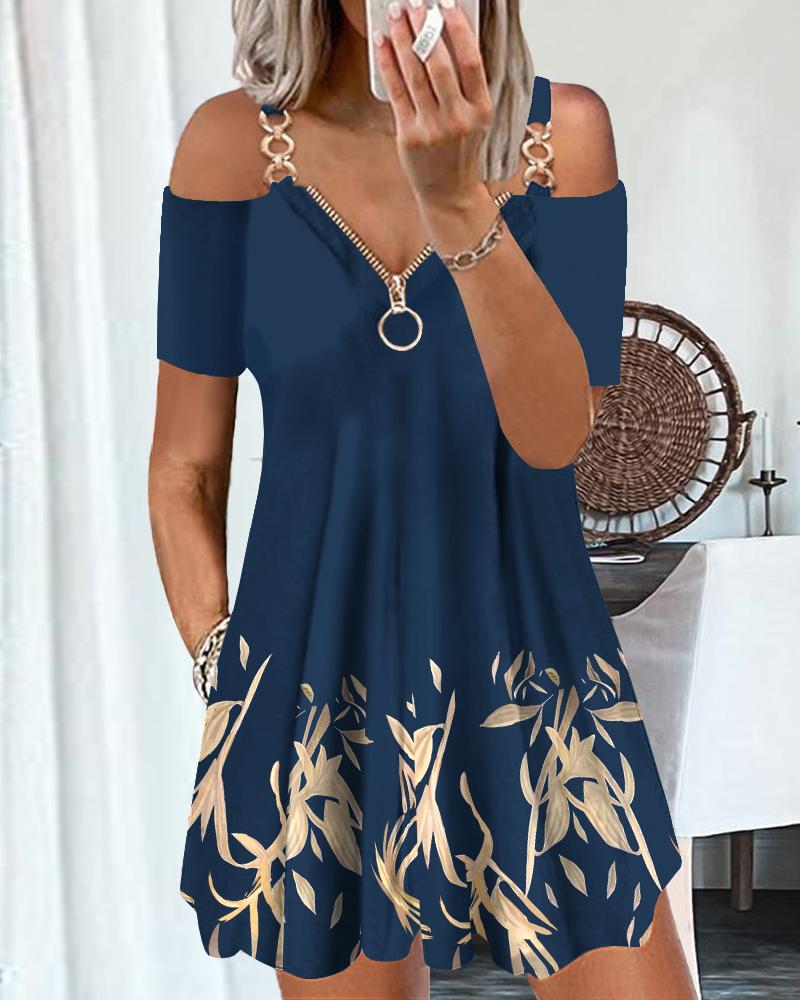 

Plants Print Chain Decor Cold Shoulder Swing Dress, Purplish blue