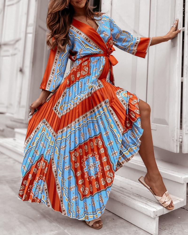 

Scarf Print Surplice Neck Pleated Maxi Dress, Blue