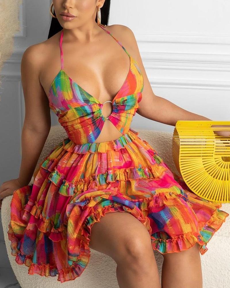 

O Ring Sleeveless Tied Detail Tie Dye Print Dress, Multicolor