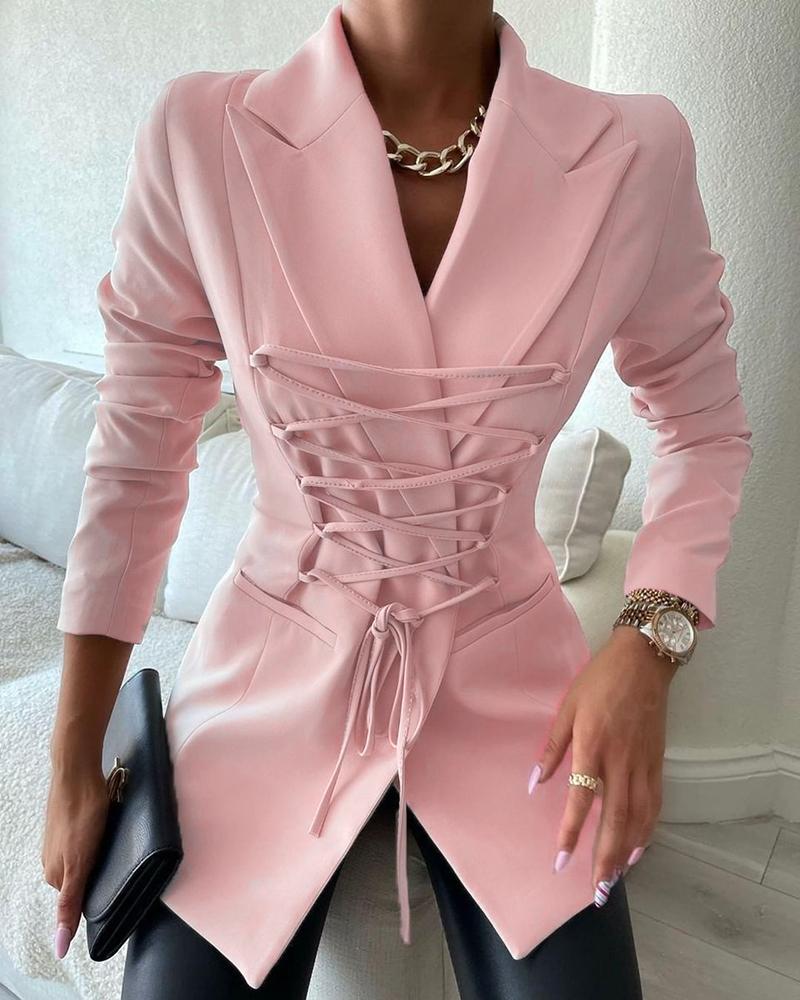 

Long Sleeve Lace-up Pocket Decor Blazer Coat, Pink