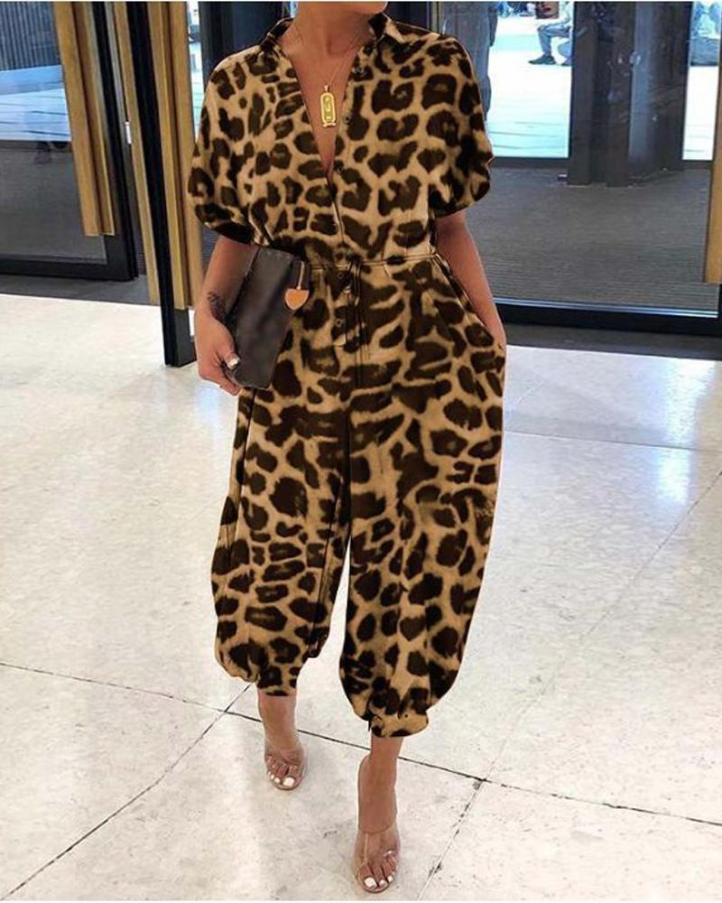 Plus Size Leopard Print Button Front Jumpsuit