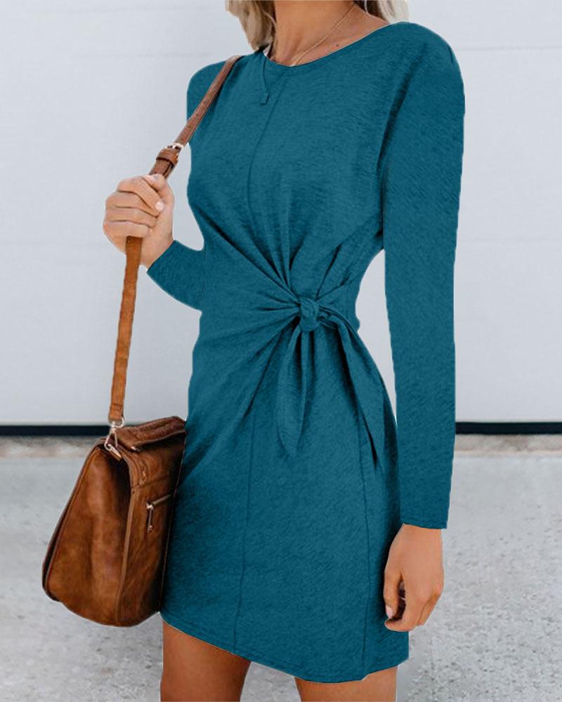 

Knotted Design Round Neck Long Sleeve Dress, Green