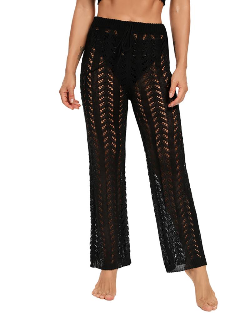 

Drawstring Hollow-Out Crochet Cover Up Pants, Black