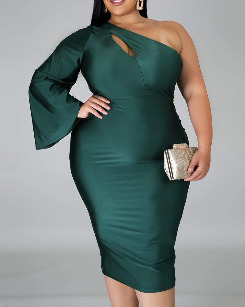 

One Shoulder Cutout Bell Sleeve Party Dress, Dark green