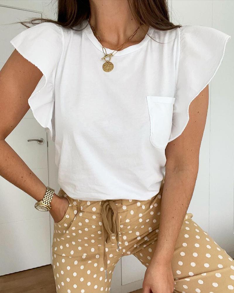 

Plain Button Front Ruffle Hem Top, White
