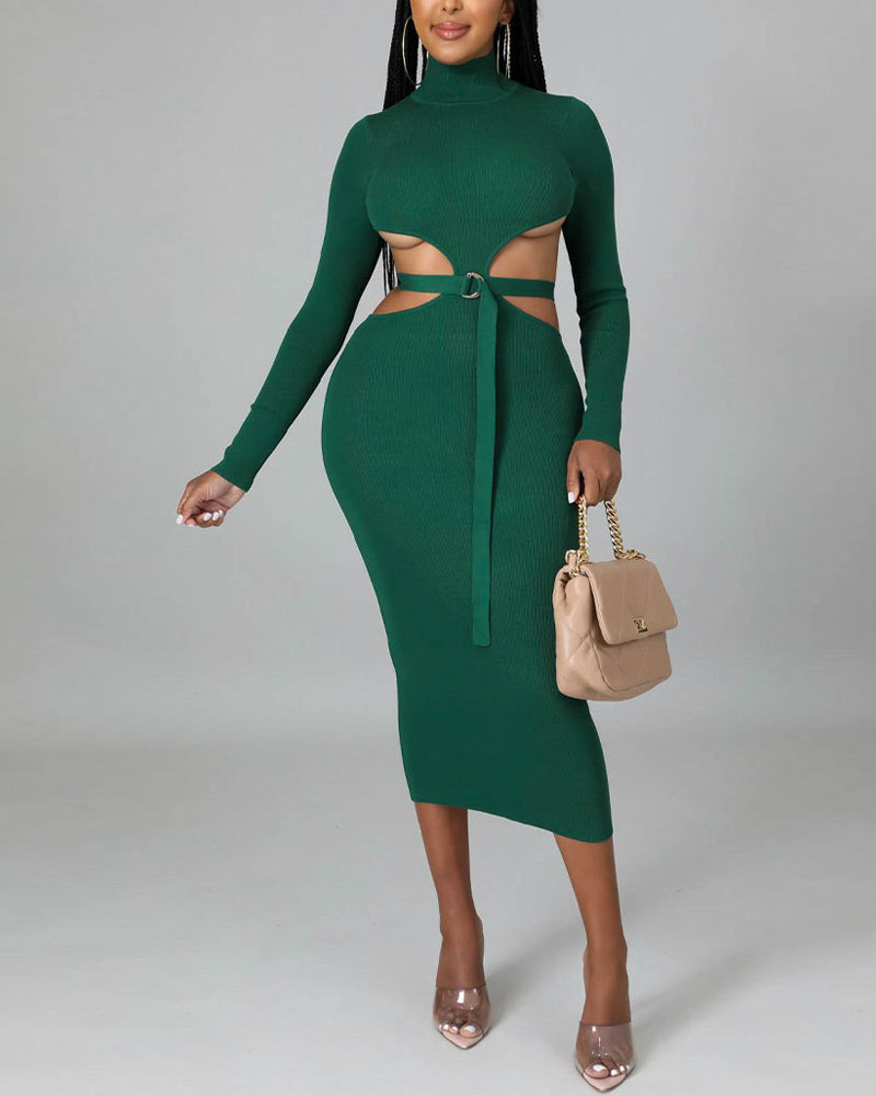 

Ribbed Cutout Long Sleeve Skinny Dress, Green