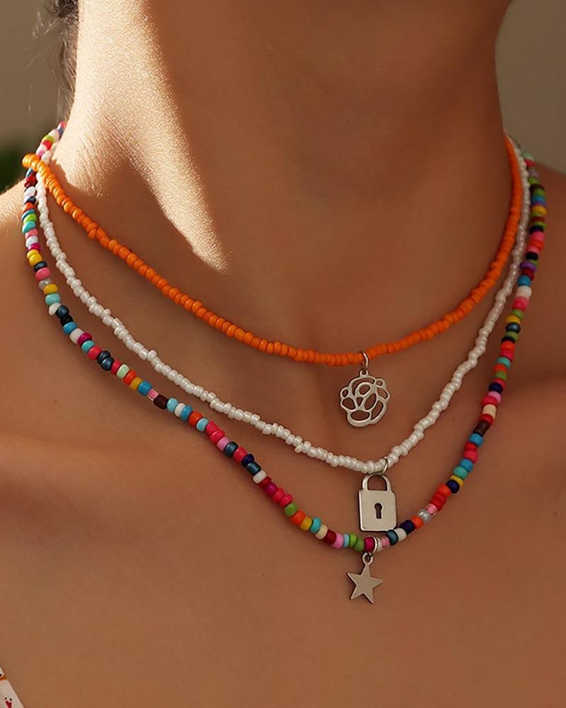 

Colorful Bead Floral & Lock & Star Pendant Choker Necklace, Multicolor