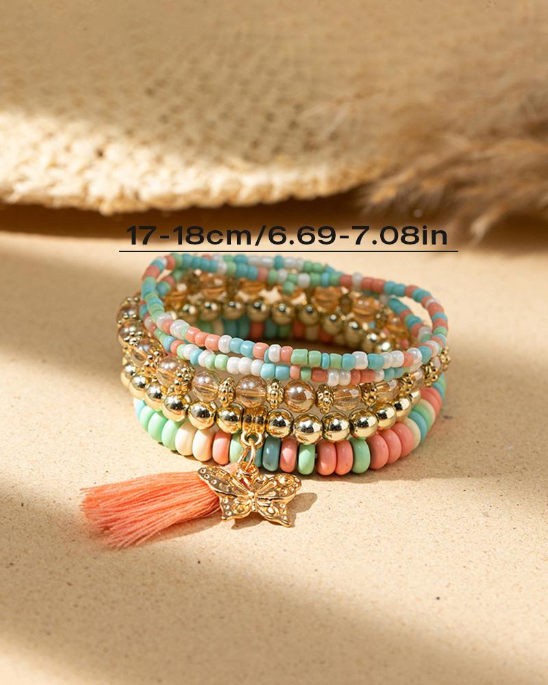 

5pcs Butterfly Pattern Tassel Bracelet Set, Multicolor