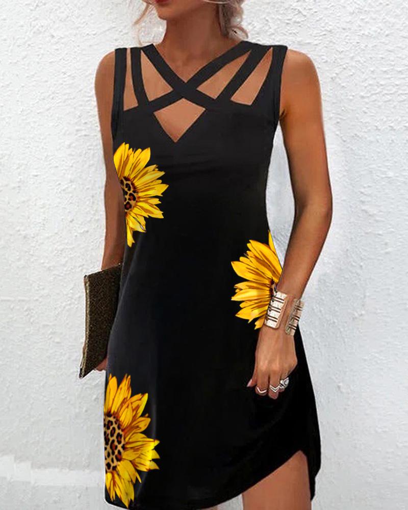 

Sunflower Print Crisscross Design Casual Dress, Black