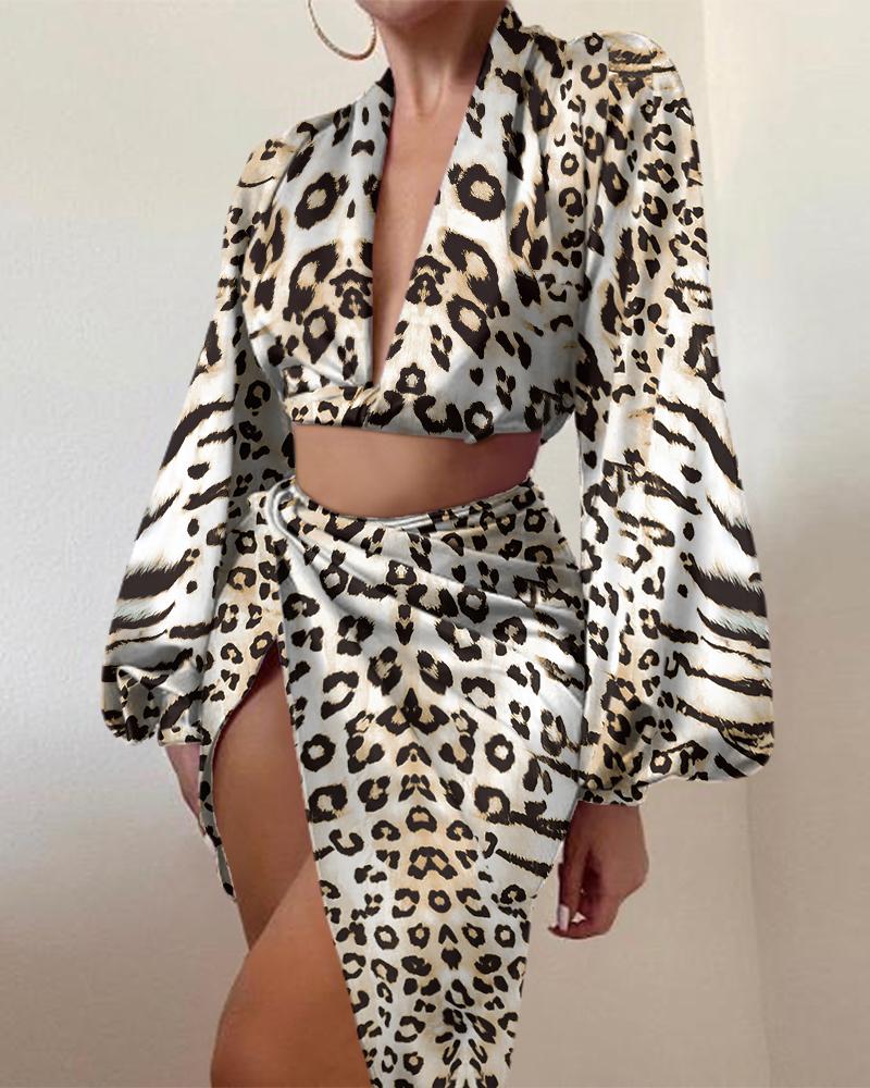 

Leopard Print Satin Crop Top & Twist Slit Skirt Set