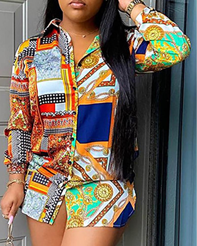

Scarf Print Buttoned Long Sleeve Shirt, Orange