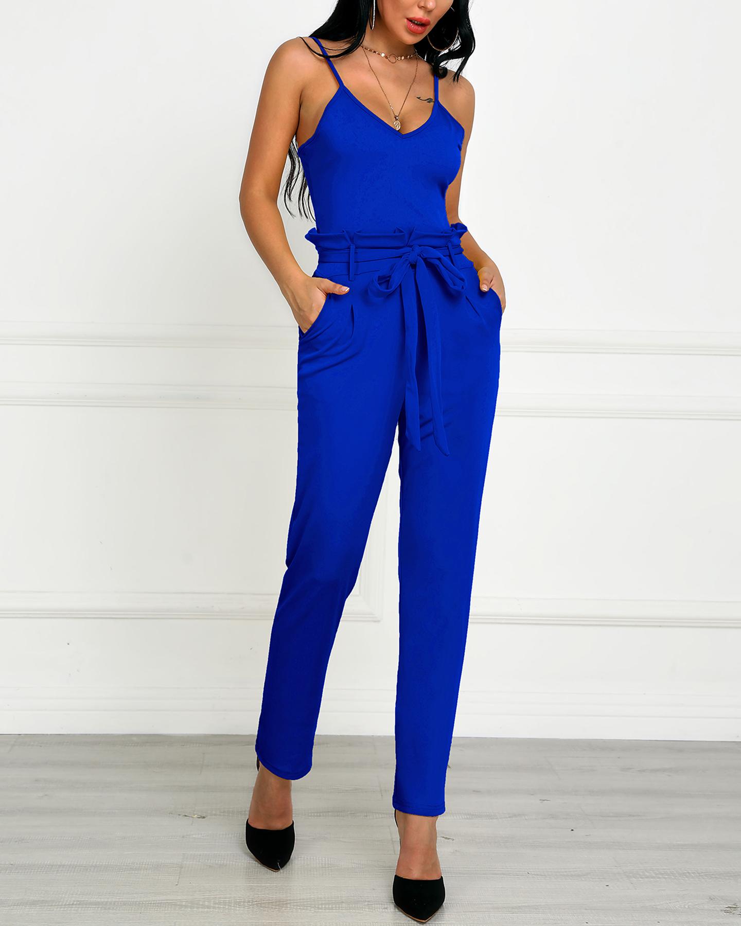 

Spaghetti Strap Ruffled Waist Belted Jumpsuits, Blue