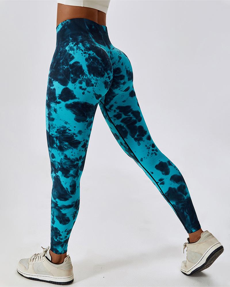 

Leggings de entrenamiento con pantalones de yoga con teñido anudado y cintura alta con levantamiento de glúteos sin costuras, Green