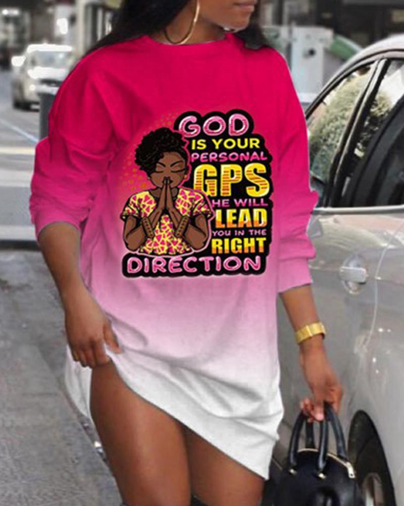 

Plus Size Figure Letter Print Long Sleeve Sweatshirt Dress, Hot pink