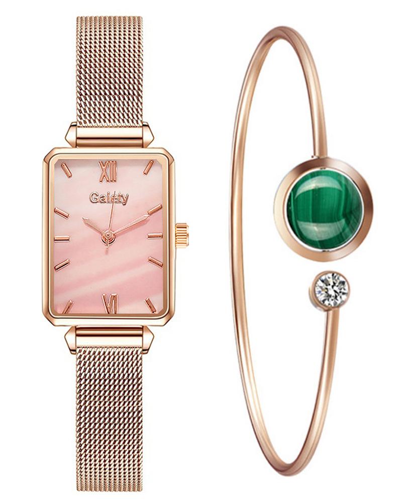 

Stainless Steel Mesh Strap Pointer Quare Quartz Watch & Bracelet Set, Pink