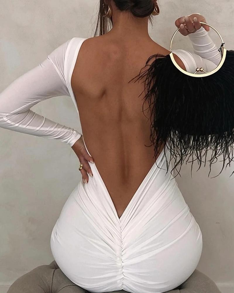 

Ruched Backless Long Sleeve Dress, White