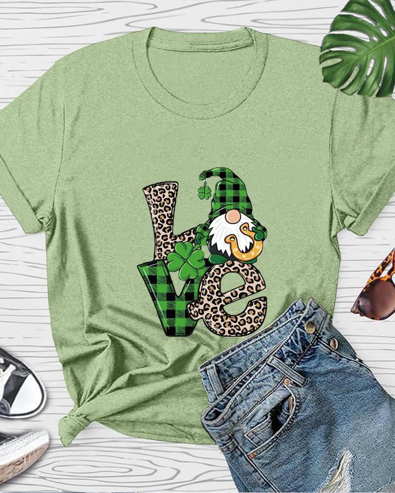 

St. Patrick' Day Letter Clover Gnome Print Casual T-shirt, Light green