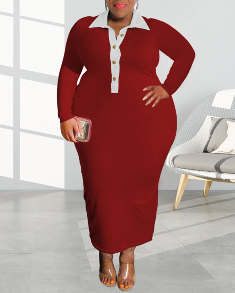

Plus Size Contrast Paneled Long Sleeve Bodycon Dress, Wine red