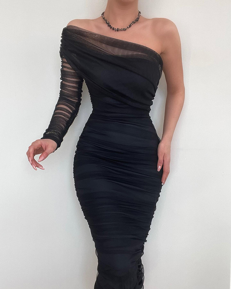 

One Shoulder Ruched Sheer Mesh Evening Dress, Black