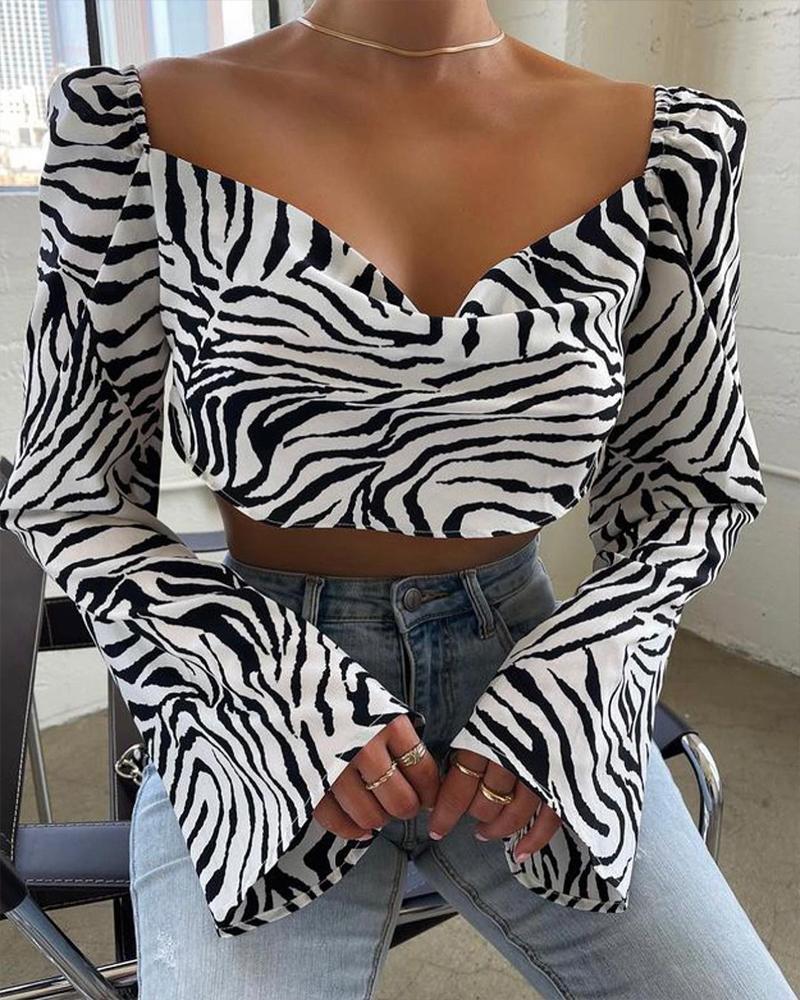 

Zebra Stripe Print Flared Sleeves Tie Back Crop Top, Black&white