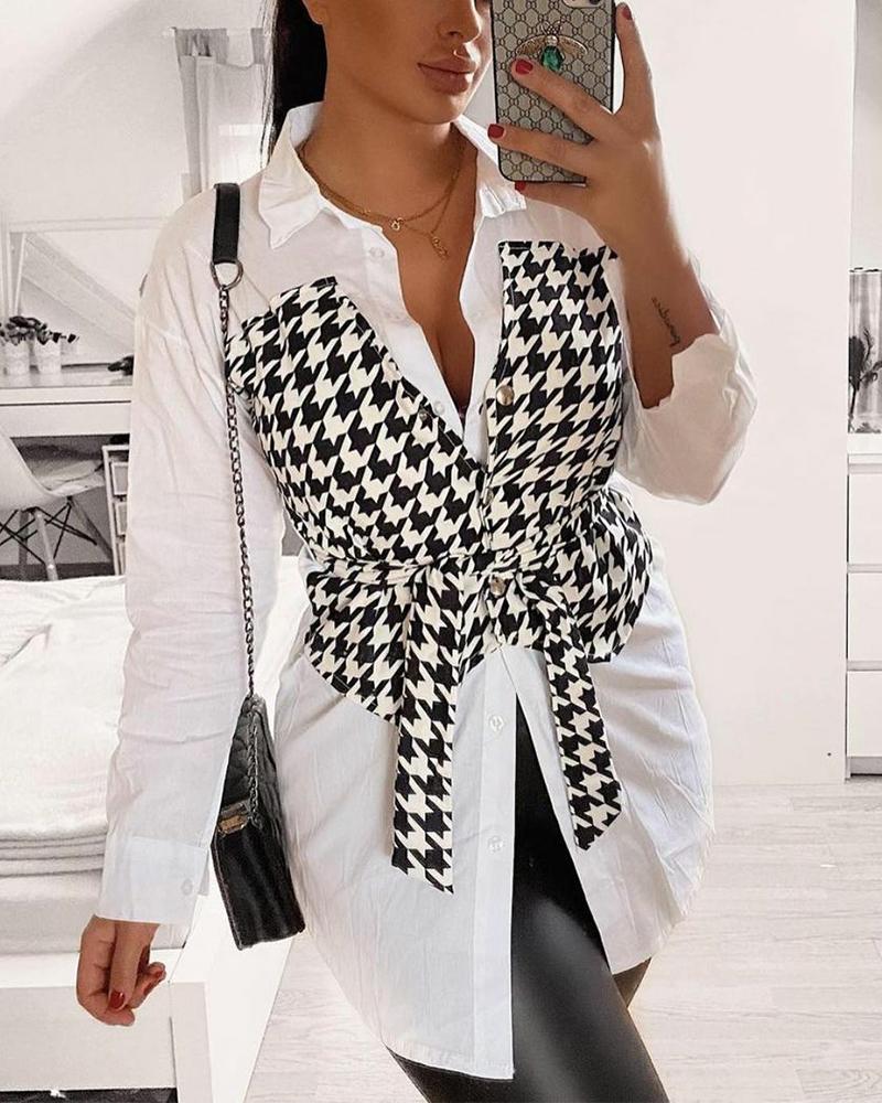 

Houndstooth Patchwork Drop Shoulder Button Up Belted Top, White