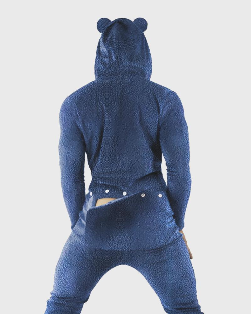 

Solid Color Long Sleeve Bear Hooded Jumpsuit, Blue