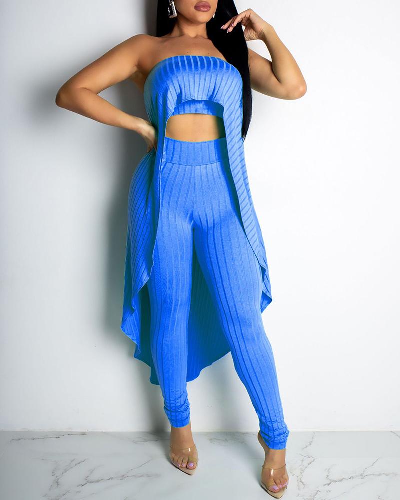 

Bandeau Top & High Waist Pants Set With Asymmetrical Cover Up, Blue