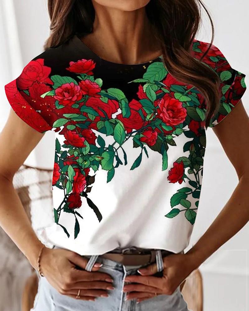 

Floral Print Colorblock O-Neck T-shirt, Multicolor