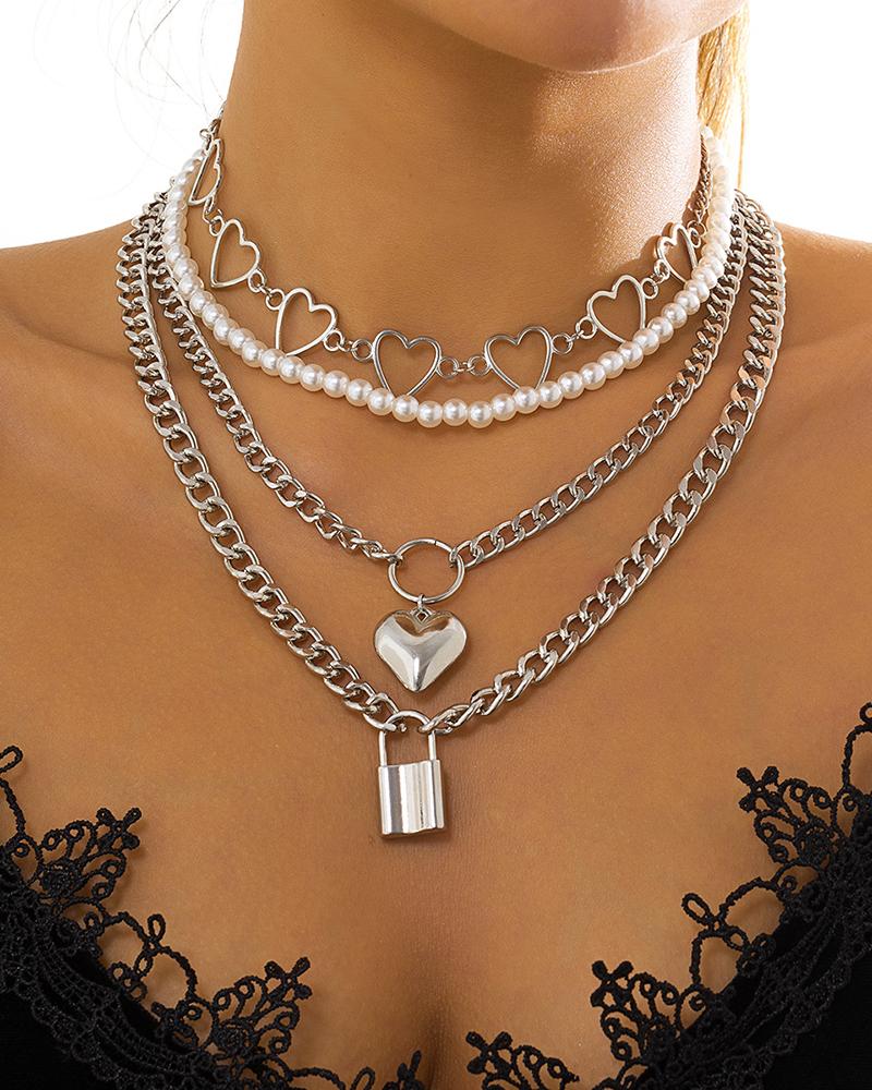 

4pcs Heart Lock Pattern Beaded Chain Necklace, Silver