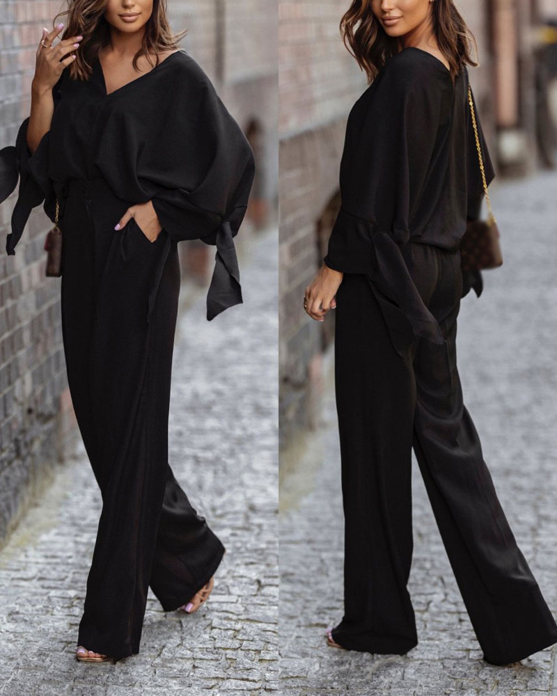 

Tied Detail Batwing Sleeve Top & High Waist Pants Set, Black