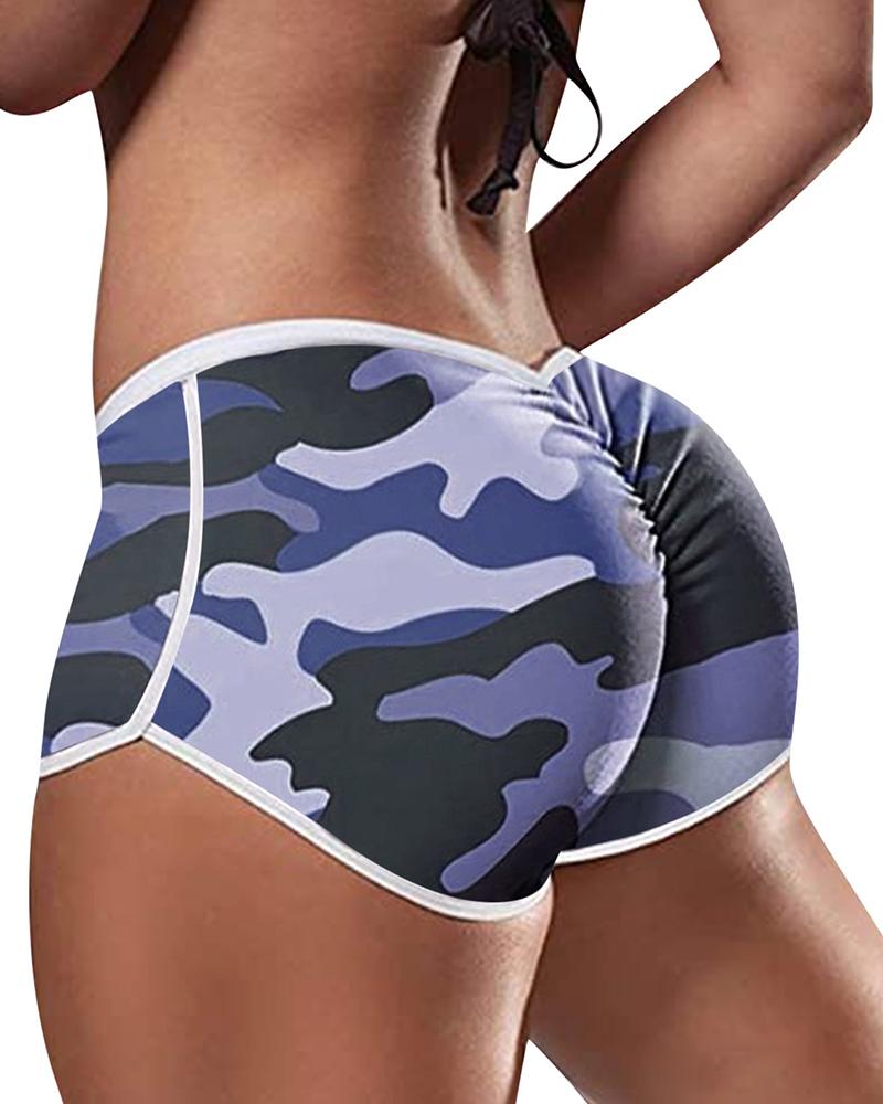 

Camouflage Print High Waist Yoga Shorts, Dark blue