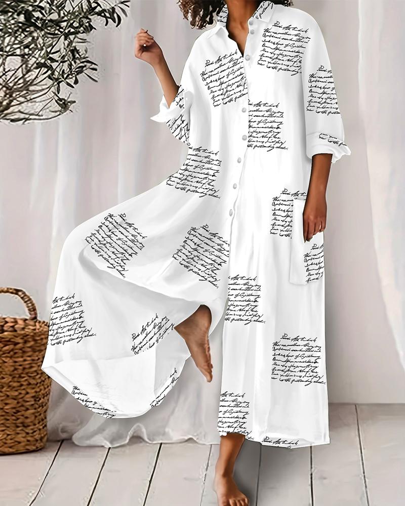 

Letter Print Wide Leg Jumpsuit, Blackwhite