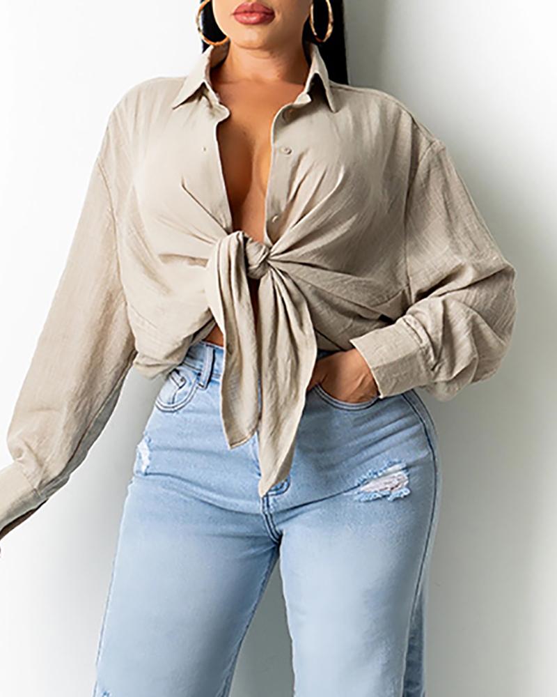 

Button Design Lantern Sleeve Shirt, Khaki
