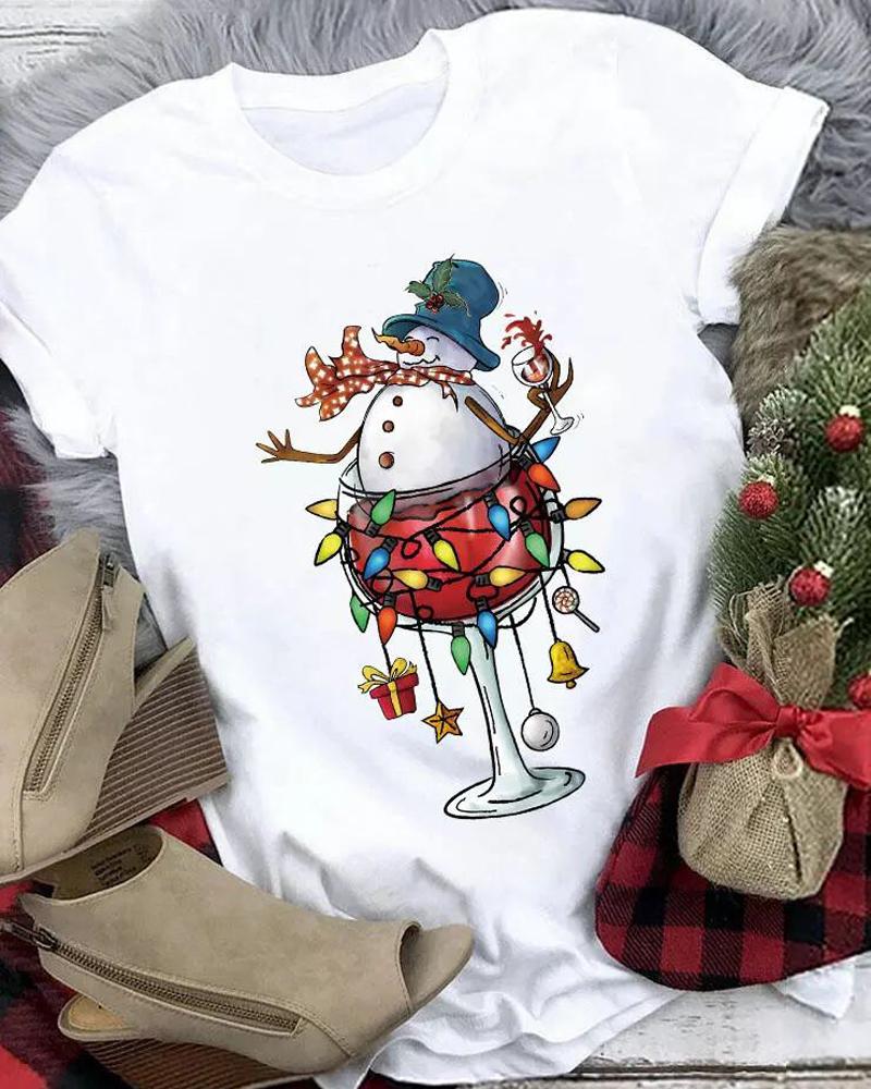 

Christmas Snowman Wine Glass Print Casual T-shirt, White