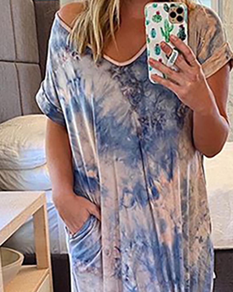 

Tie Dye Print V-neck Casual Dress, Blue