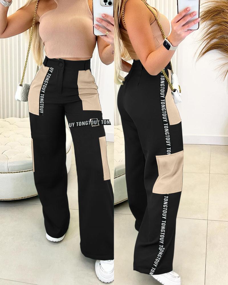

Colorblock Letter Print Patchwork Wide Leg Cargo Pants, Black