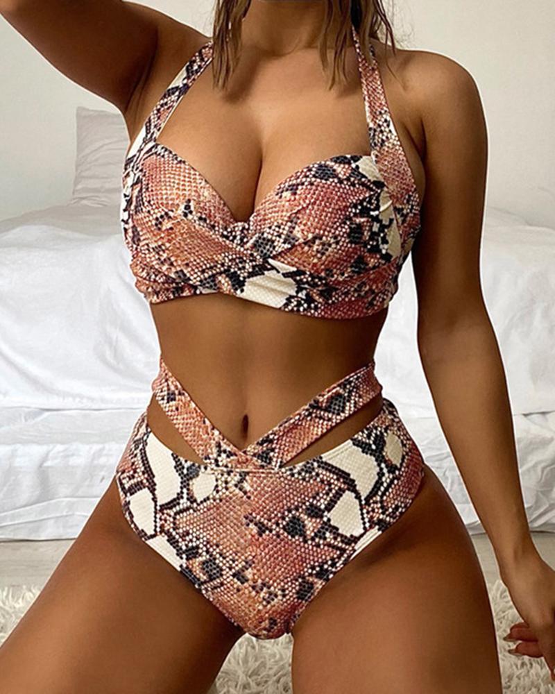 

Snakeskin Print Halter Cutout Crisscross Bikini Set, Brown