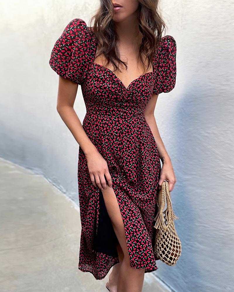 

Floral Print Puff Sleeve Slit Midi Dress, Black