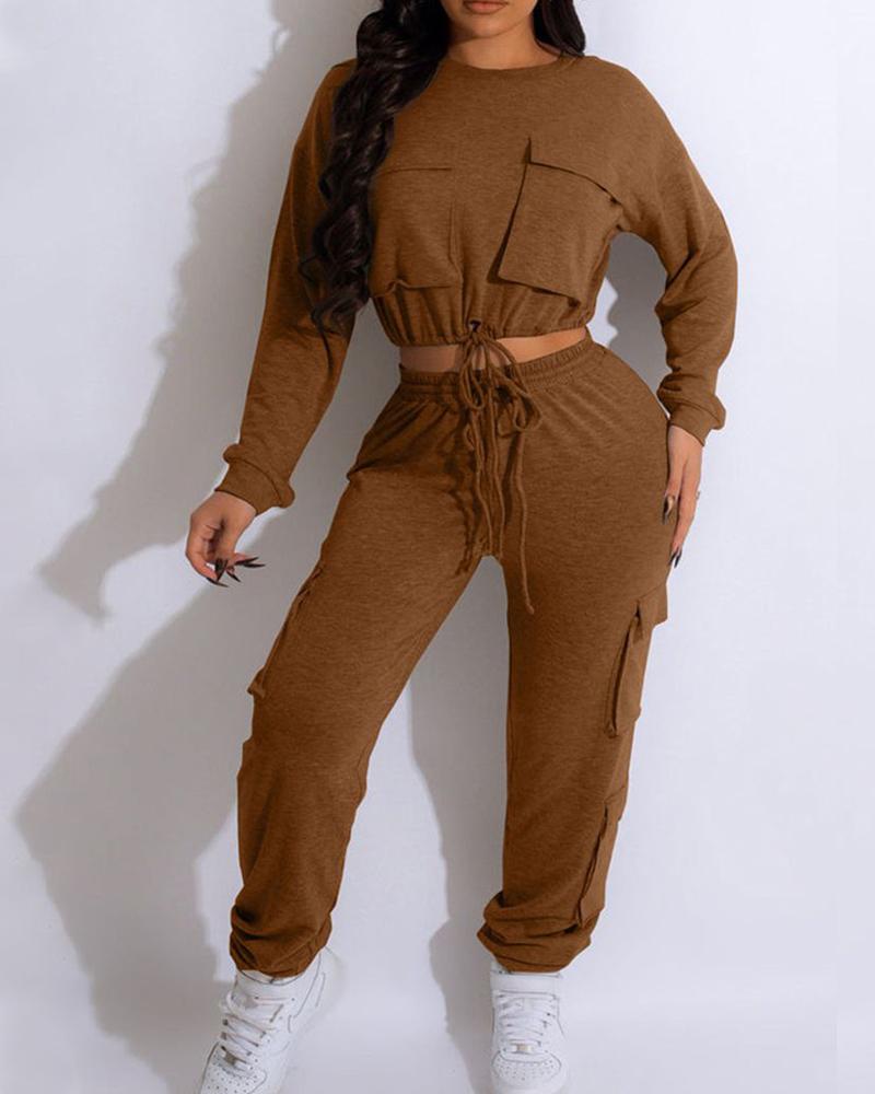 

Pocket Design Drawstring Top & Cuffed Pants Set, Brown