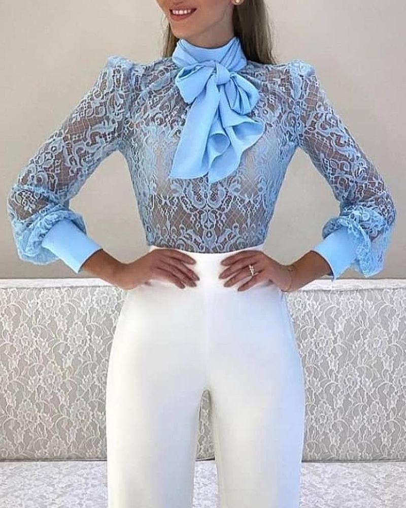 

Tied Detail Long Sleeve Lace Top, Blue