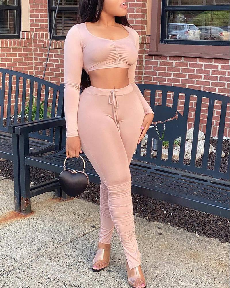 

Long Sleeve Ruched Skinny Top & Drawstring Pants Set, Pink