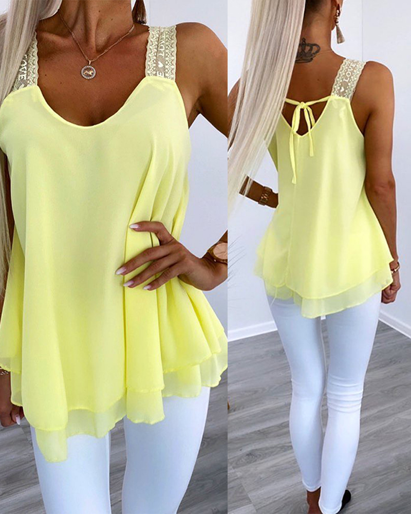 

Love Heart Pattern Contrast Lace Layered Chiffon Tank Top, Yellow