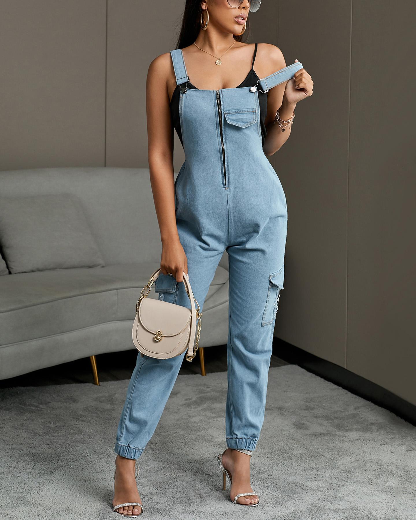

Denim Zip Front Suspender Jeans, Blue