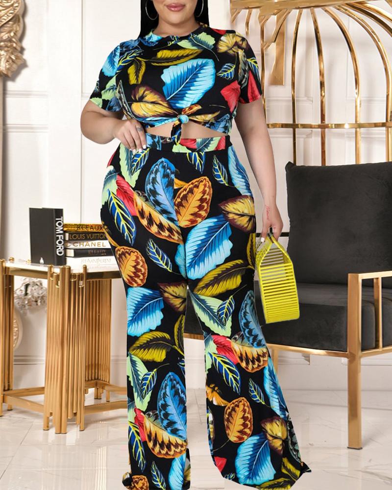 

Plus Size Leaf Print Casual Top & Pants Set, Yellow