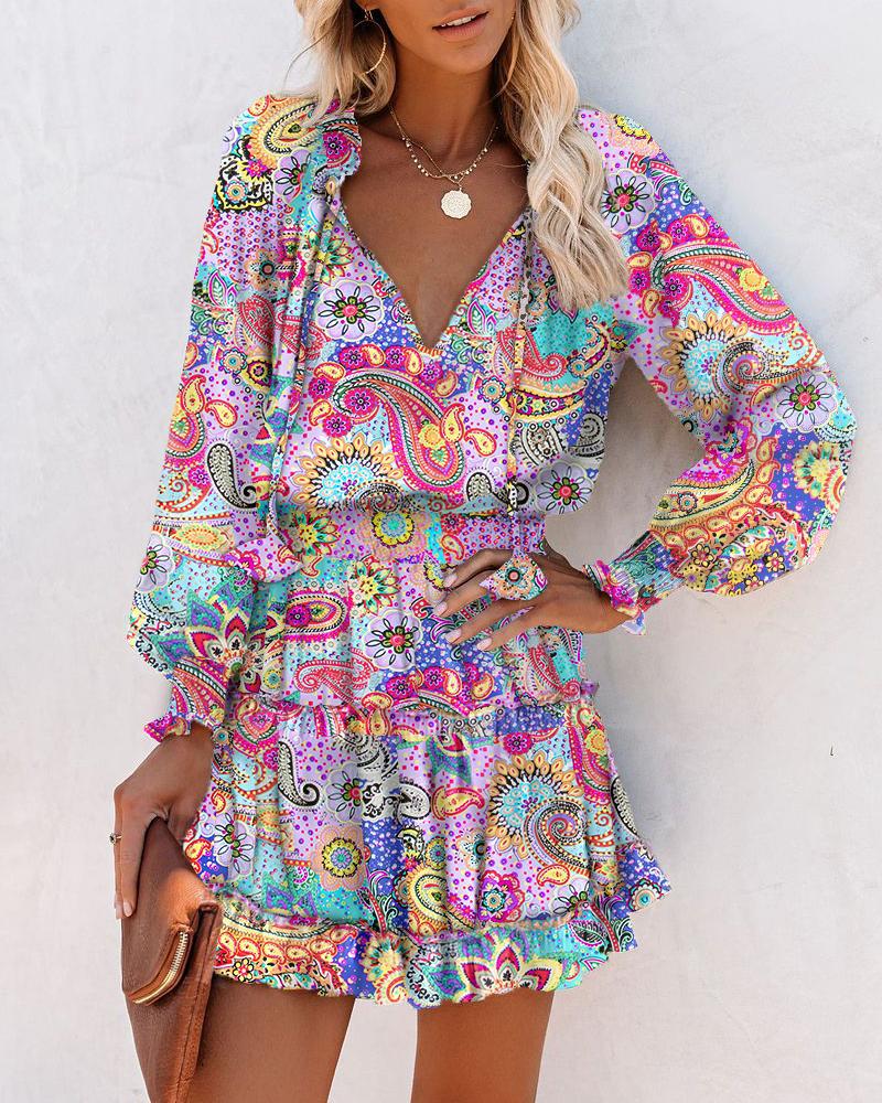 

Paisley Print Ruffle Hem Shirred Waist Casual Dress, Multicolor