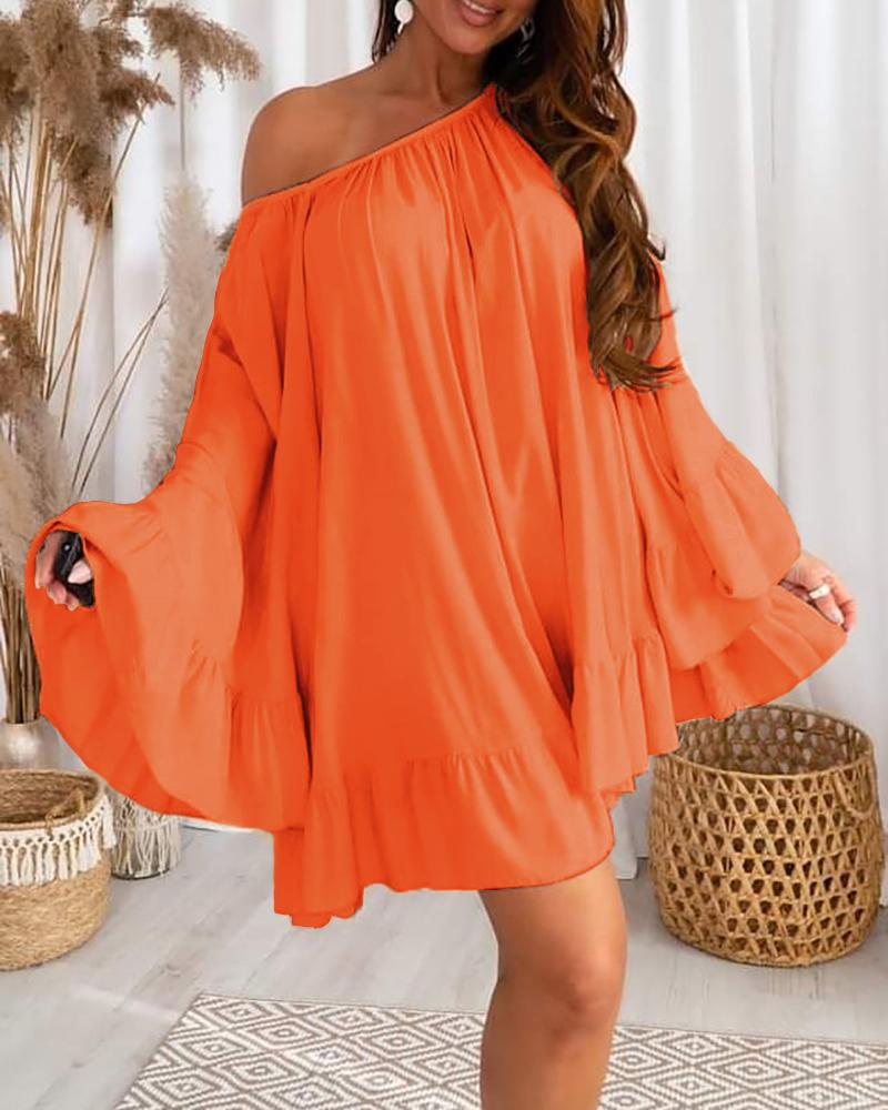 

Bell Sleeve Ruffle Hem Casual Swing Dress, Orange