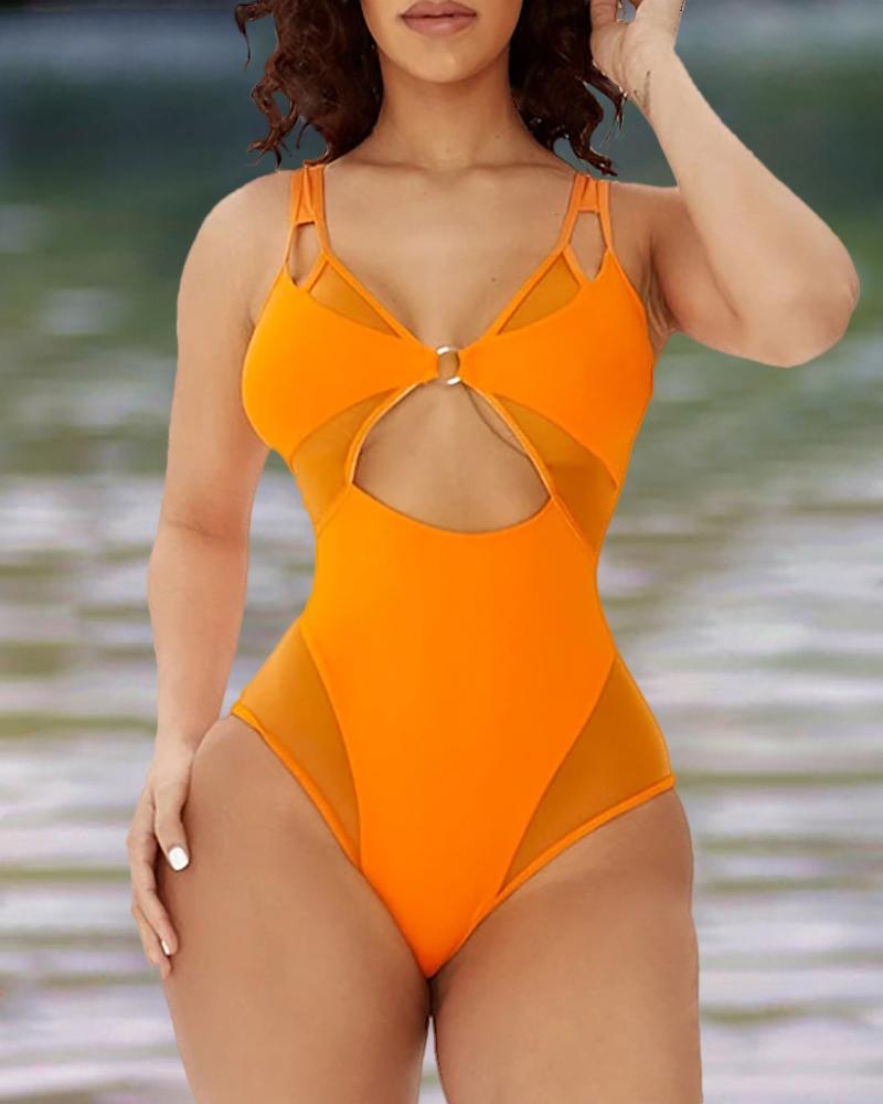 

O-Ring Cutout V Neck Mesh Patch One-Piece Swimsuit, Orange