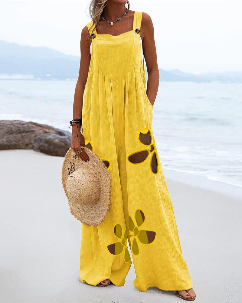 

Cutout Wide Leg Suspender Jumpsuit, Yellow